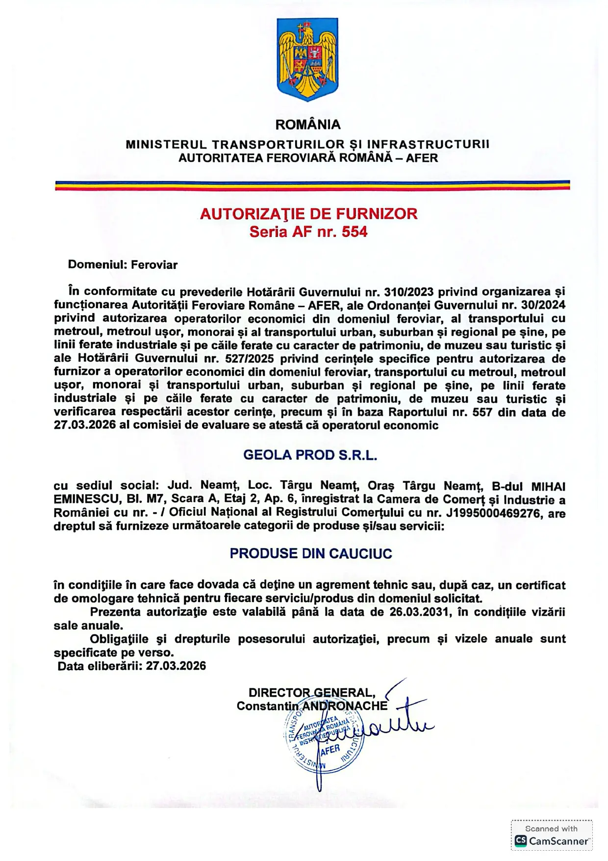 AFER Railway Authorization — Geola Prod SRL