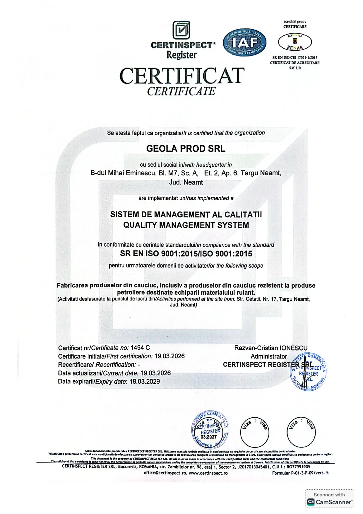 ISO 9001:2015 Certificate — Geola Prod SRL
